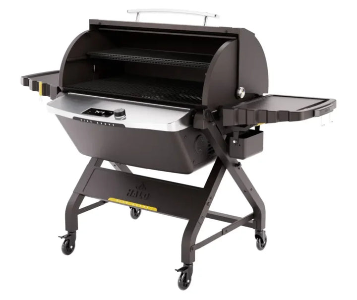 Halo "Prime1500" Outdoor Pellet Grill featuring 1,474 sq in of cooking space, dual-pellet blending capabilities, high-heat searing up to 500 °F, and rechargeable battery power option.