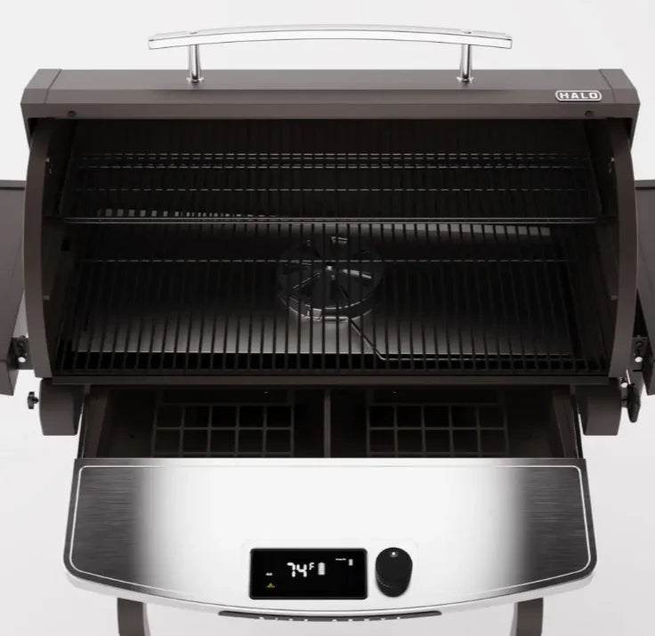 Halo Prime1500 Outdoor Pellet Grill features 1,474 sq in of cooking space, dual-pellet blending, high-heat capability, and a rechargeable battery for portable grilling.