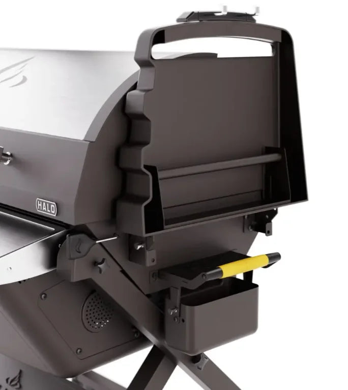 Halo Prime550 Outdoor Pellet Grill features rechargeable battery power, spacious cooking area, dual-pellet blending, direct sear control plate, and smart pellet management for effortless outdoor grilling and smoking.