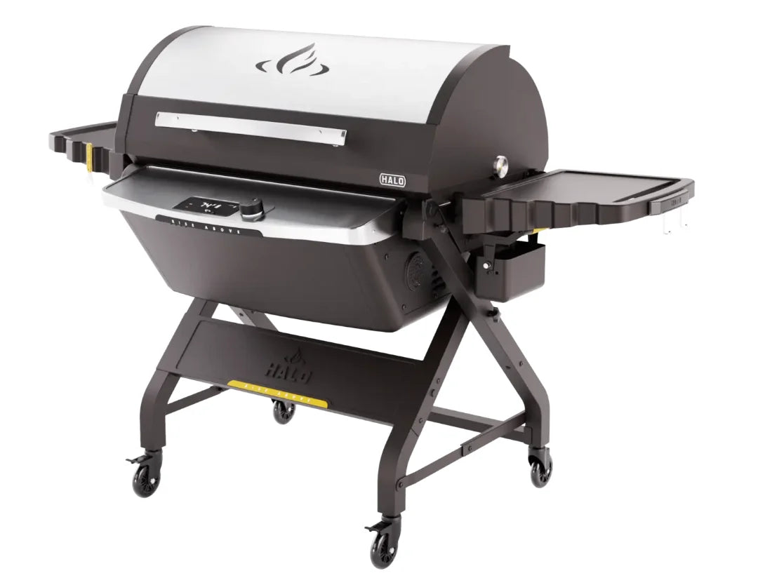 Halo Prime1500 Outdoor Pellet Grill image showcases the industry's first rechargeable, battery-powered grill, offering 1,474 sq in cooking space and portability without sacrificing size or performance.