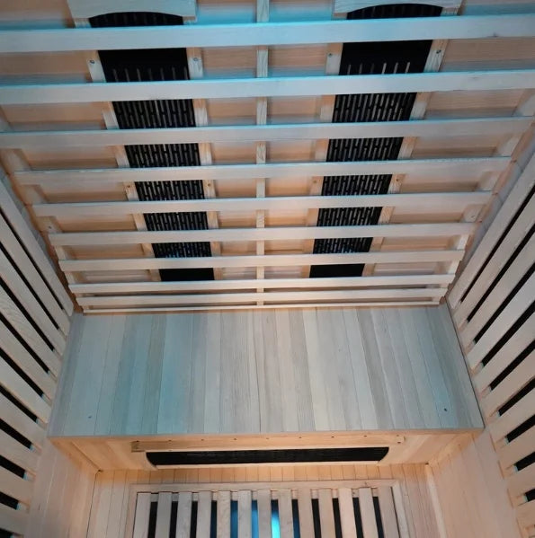 Harmony 2 Sauna - Compact luxury sauna for two, crafted from premium Hemlock wood, featuring dual heating system, digital control panel, LED lighting, and Bluetooth sound system.