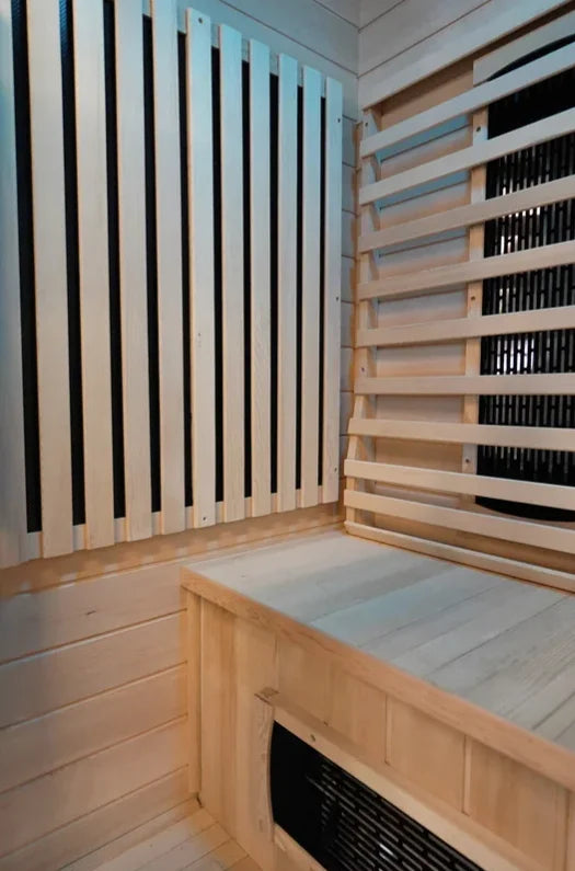 Harmony 2 Sauna: Compact luxury sauna for two, featuring dual heating system, customizable settings, premium Hemlock wood construction, ceramic and carbon heaters, digital control panel, RGB LED lighting, Bluetooth sound system, cup holder, and full glass door.