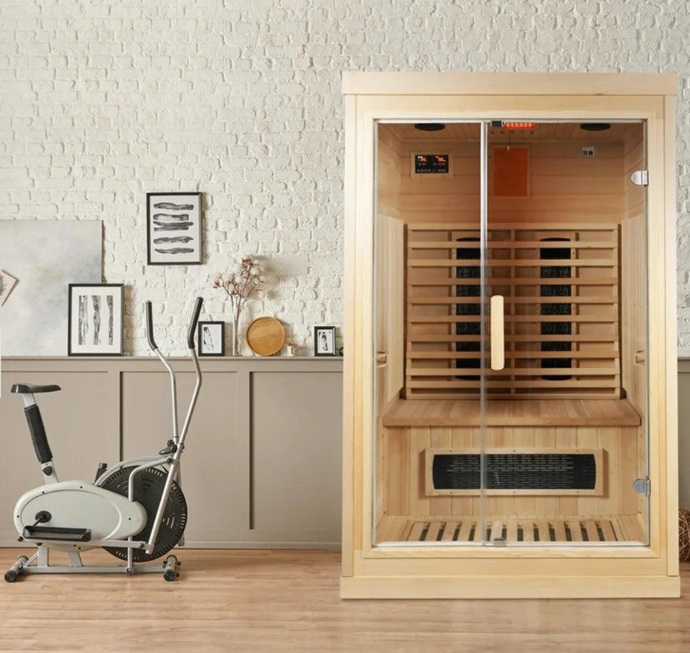 Harmony 2 Sauna image showcasing premium Hemlock wood construction, modern features, and luxurious design, perfect for two persons, with ceramic heater, carbon heaters, inner digital control panel, LED light, Bluetooth sound system, and cup holder.