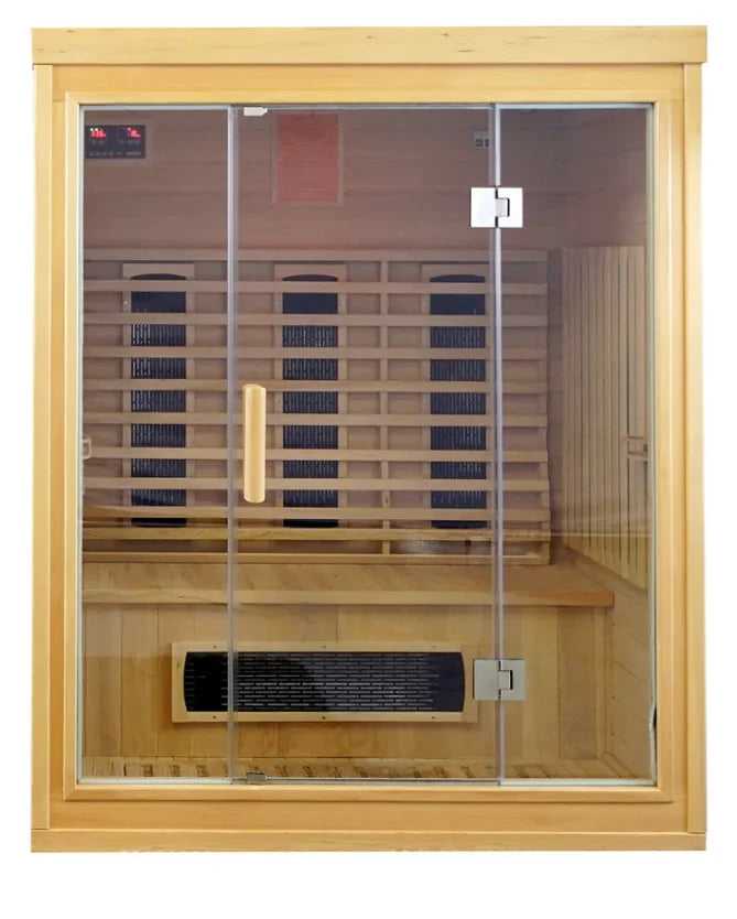 Harmony 3 Sauna - Three-seater sauna crafted from premium Hemlock wood, featuring digital control panel, RGB multicolor LED lighting, Bluetooth sound system, and cup holder for ultimate relaxation.