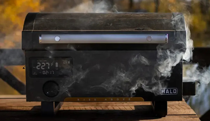 Halo Prime300 Countertop Pellet Grill - Compact battery-powered grill for outdoor cooking adventures, featuring a rechargeable 12V battery or AC adapter, ample 300 sq in cooking surface, and versatile temperature range from 180°F to 500°F.