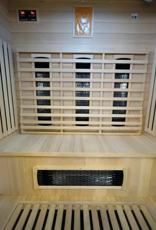 Harmony 3 Sauna: A three-seater premium Hemlock wood sanctuary with advanced carbon heaters, digital control panel, LED light, Bluetooth sound system, and cup holder for ultimate relaxation and wellness.