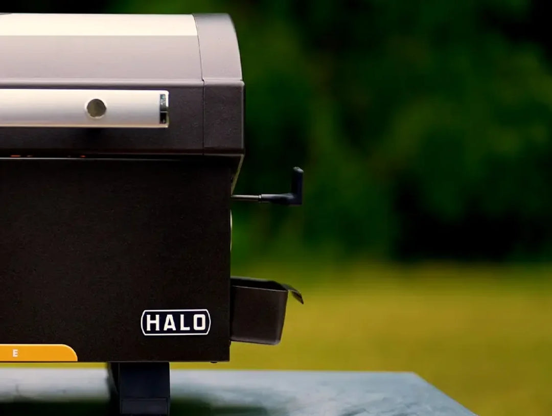 Halo Prime300 Rechargeable Countertop Pellet Grill: compact, battery-powered grill for tailgating, camping, or backyard cookouts, featuring 300 sq in cooking surface, 180°F to 500°F temperature range, and rechargeable 12V battery power.