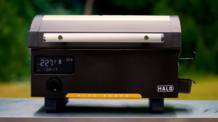 Halo Prime300 Countertop Pellet Grill features rechargeable battery power, compact design, and ample cooking space for 300 sq in total area, including swing-away upper smoke rack.