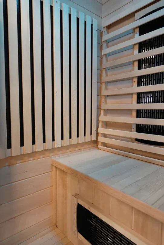 Harmony 3 Sauna: A three-seater premium Hemlock wood sauna with digital control panel, RGB multicolor LED lighting, Bluetooth sound system, cup holder, and carbon heaters for detoxification, stress relief, and comfort.