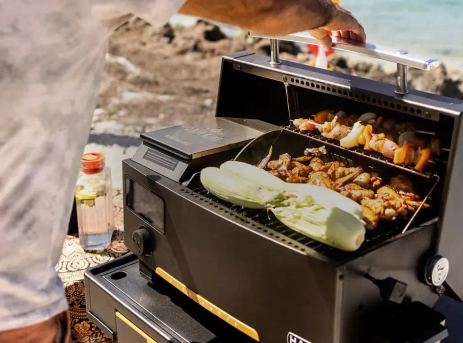 Halo Prime300 Countertop Pellet Grill - Compact battery-powered grill offering up to 300 sq in cooking space and temperature range from 180°F to 500°F for smoking, roasting, baking, or direct searing.