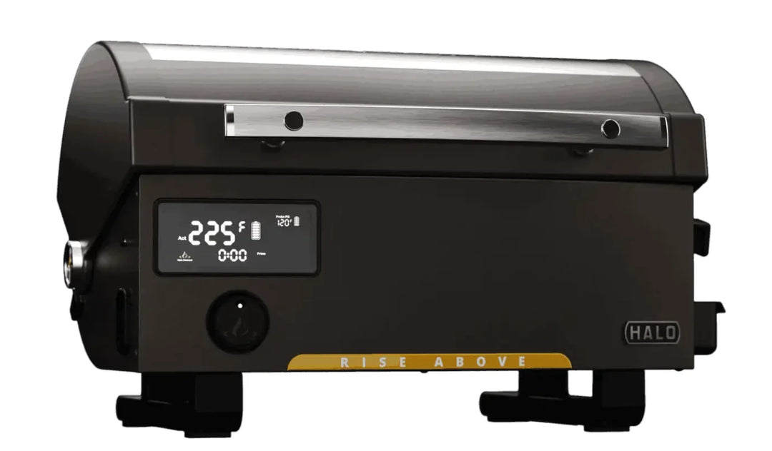 Halo Prime300 Countertop Pellet Grill: compact rechargeable grill with 300 sq in cooking surface, 180-500°F temperature range, and 10 lb pellet hopper capacity for portable outdoor cooking adventures.