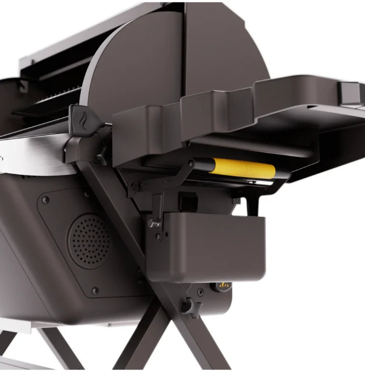 Halo Prime550 Outdoor Pellet Grill with rechargeable battery or AC adapter for portable, full-size grilling, 553 sq in cooking area with tuck-away upper smoking rack and dual-pellet blending capabilities.