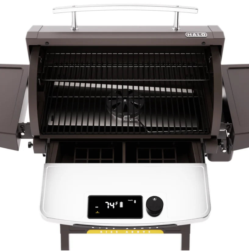 Halo Prime550 outdoor pellet grill features rechargeable battery power and large cooking area, perfect for backyard patios, camping trips, or tailgating adventures.