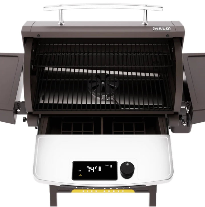 Halo Prime550 outdoor pellet grill features rechargeable battery power and large cooking area, perfect for backyard patios, camping trips, or tailgating adventures.