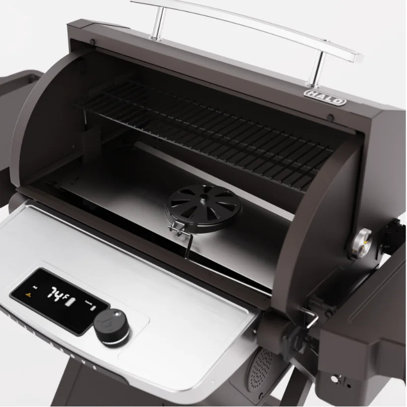 Portable grill with digital display and control knobs on a white background
