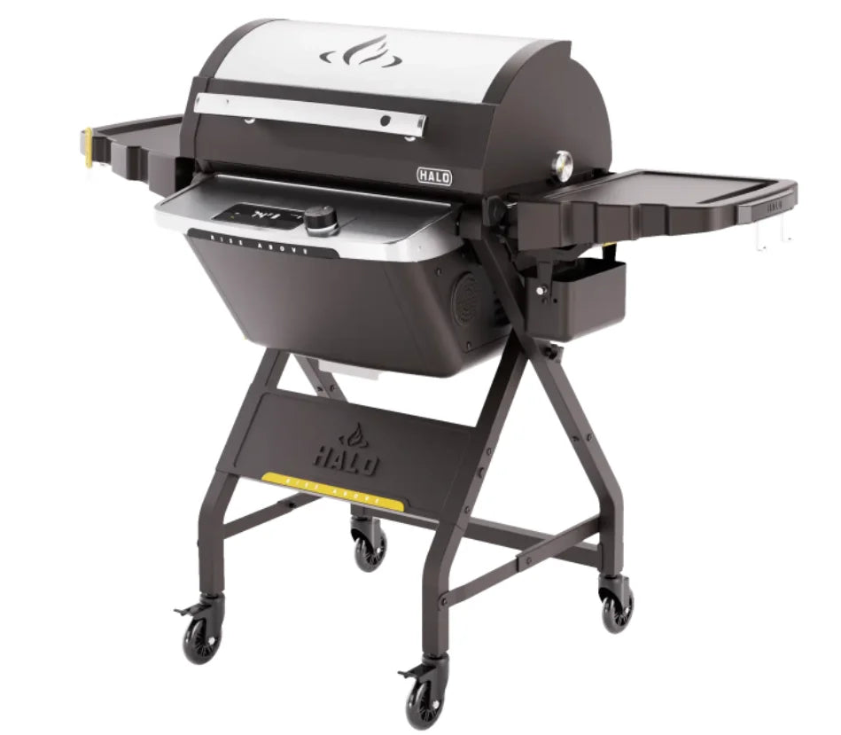 Halo Prime550 Outdoor Pellet Grill: Compact, rechargeable battery-powered grill for portable outdoor cooking with dual-pellet blending and 553 sq in total cook space.