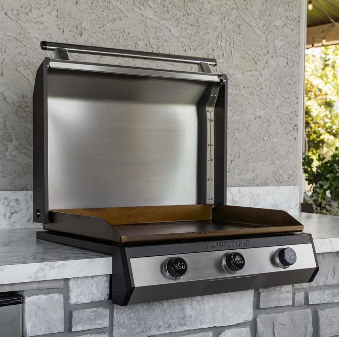 Blackstone 30” Electric Drop-In Griddle: stainless steel construction, three independently controlled heat zones, digital temperature readouts, omnivore griddle plate technology for even heat distribution and wind guards.
