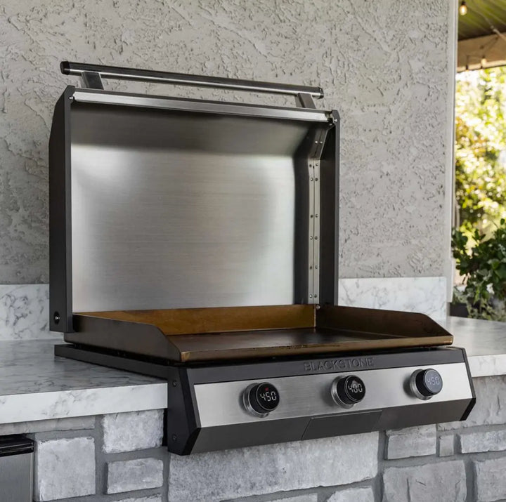 Blackstone 30” Electric Drop-In Griddle: stainless steel construction, three independently controlled heat zones, digital temperature readouts, omnivore griddle plate technology for even heat distribution and wind guards.