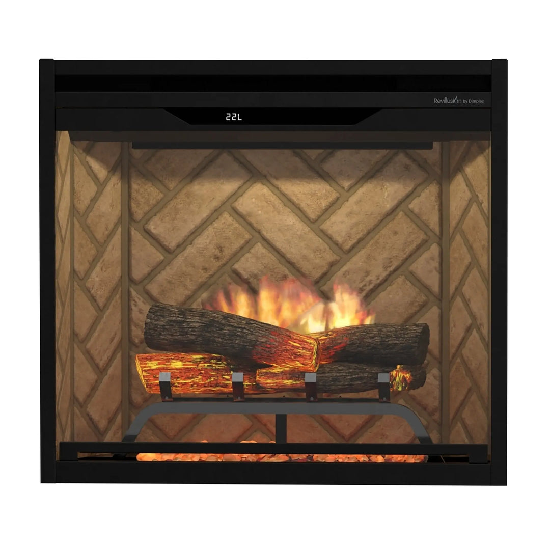 Dimplex Revillusion 24" Built-In Electric Firebox with ultra-realistic flame technology, hand-painted logs, and adjustable brightness for immersive ambiance and supplemental heat.