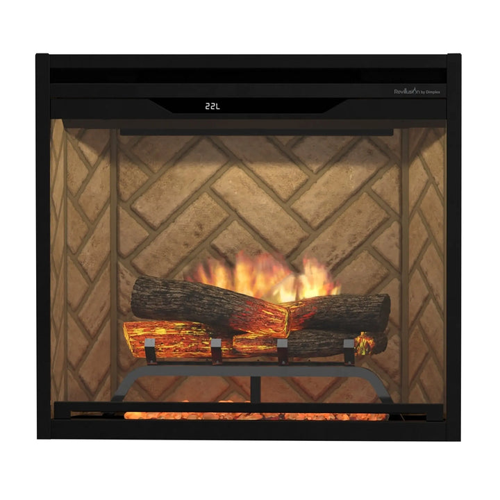 Dimplex Revillusion 24" Built-In Electric Firebox with ultra-realistic flame technology, hand-painted logs, and adjustable brightness for immersive ambiance and supplemental heat.