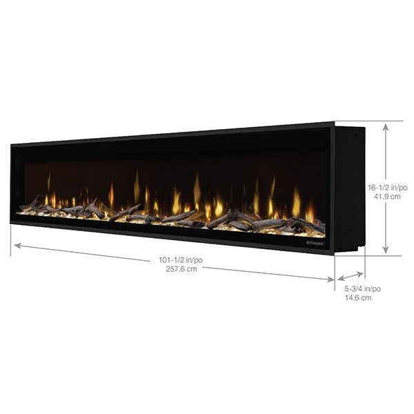 Dimplex 100" Ignite Evolve Built-in Linear Electric Fireplace features patented Multi-Fire XD flame technology, frameless design, and customizable lighting for an immersive panoramic flame experience.