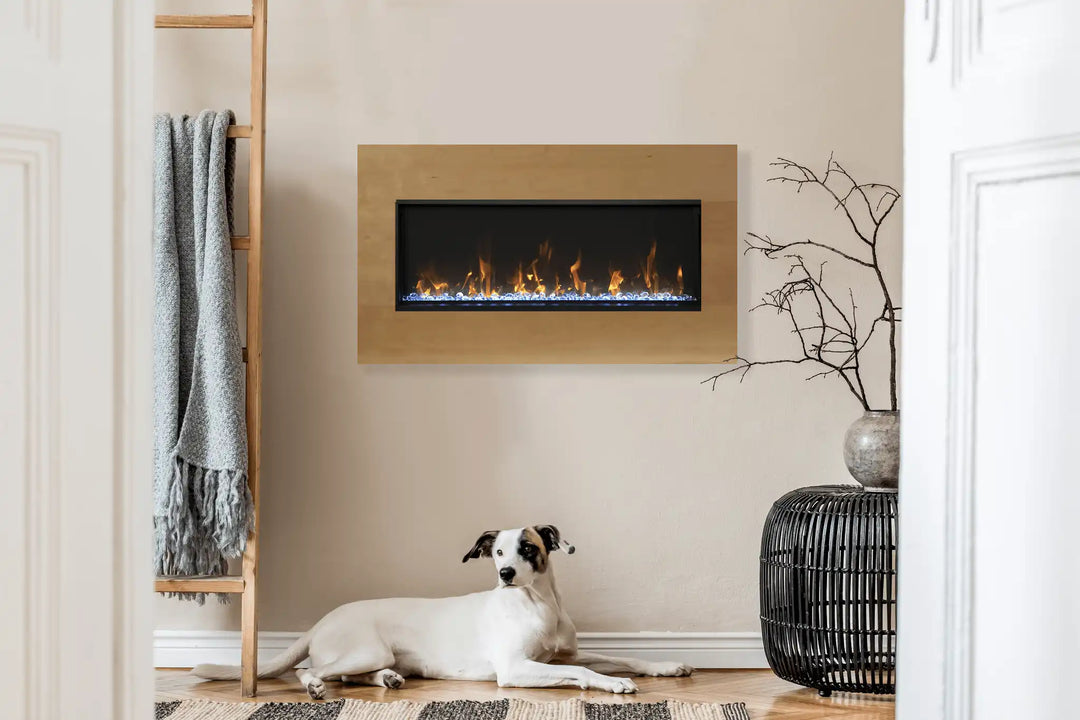 Remii Extra Slim Electric Fireplace with black steel surround and vibrant multi-colored flame presentation featuring three-color LED light strips for customizable red, yellow, or orange flames.