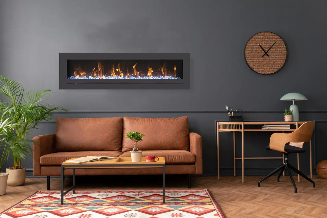 Amantii WM-FML-STL Linear Electric Fireplace features deep charcoal steel surround with touchpad and numerical temperature display, emitting heat through face below glass viewing area, ideal for wall mount installation in apartments or commercial spaces.