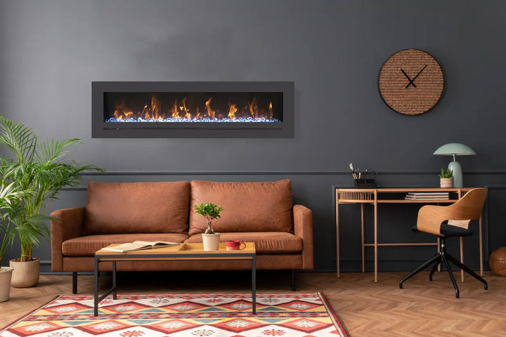 Amantii WM-FML-STL Linear Electric Fireplace features deep charcoal steel surround with touchpad and numerical temperature display, emitting heat through face below glass viewing area, ideal for wall mount installation in apartments or commercial spaces.