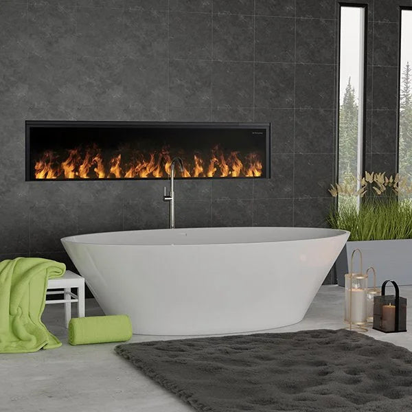 Dimplex 66-Inch Opti-Myst Linear Electric Fireplace with realistic flame and smoke effects created by ultrasonic technology and water vapor, customizable flame width and intensity.