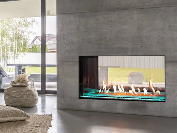 Plaza Luxury 55" Glass Barrier Double-Sided Linear Fireplace features a frameless glass barrier for an uninterrupted view of flames, programmable LED under-lighting, and a smart multi-function remote to adjust flame height and lighting with ease.