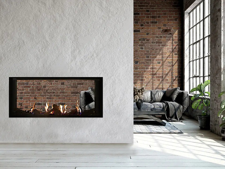 Plaza Luxury 55" InvisiMesh Double-Sided Gas Fireplace, featuring expansive edge-to-edge viewing area and nearly invisible protective screen, creating ambiance in two adjoining rooms simultaneously.