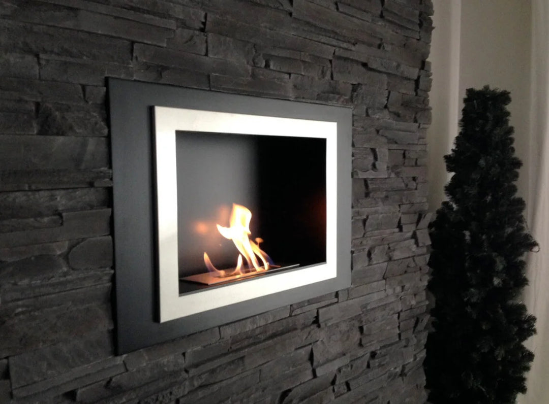 The Bio Flame Lorenzo Wall Mount Series Ethanol Fireplace features a wide panoramic flame presentation and low-profile wall-mounted design with brushed stainless steel fascia and tempered glass.