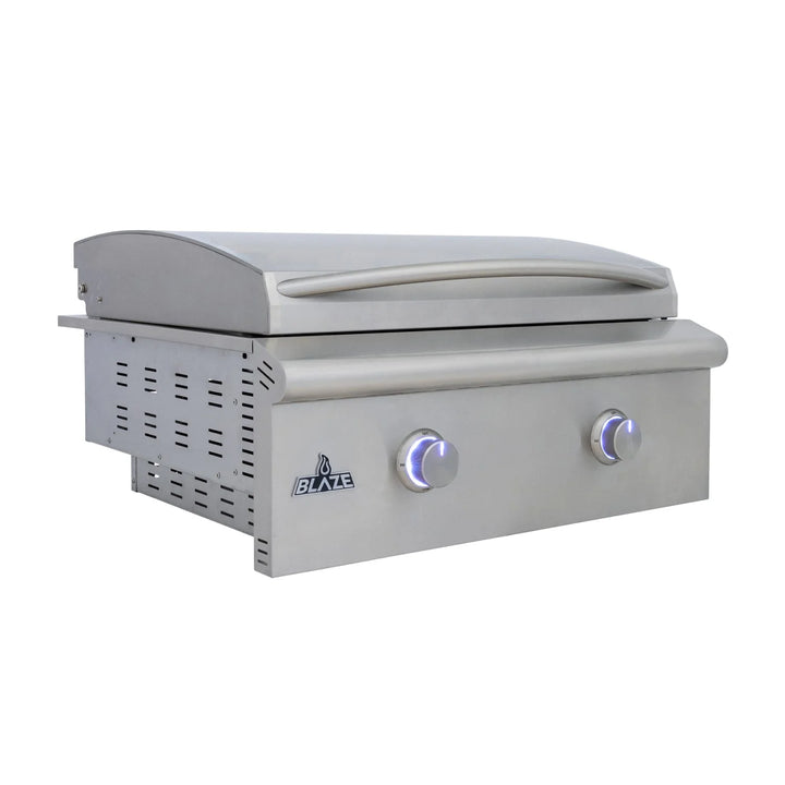 Blaze LTE+ 30-Inch Gas Griddle featuring a reinforced cooking surface made from durable 304 Stainless Steel construction with dual 18,000 BTU burners and sleek new branding.