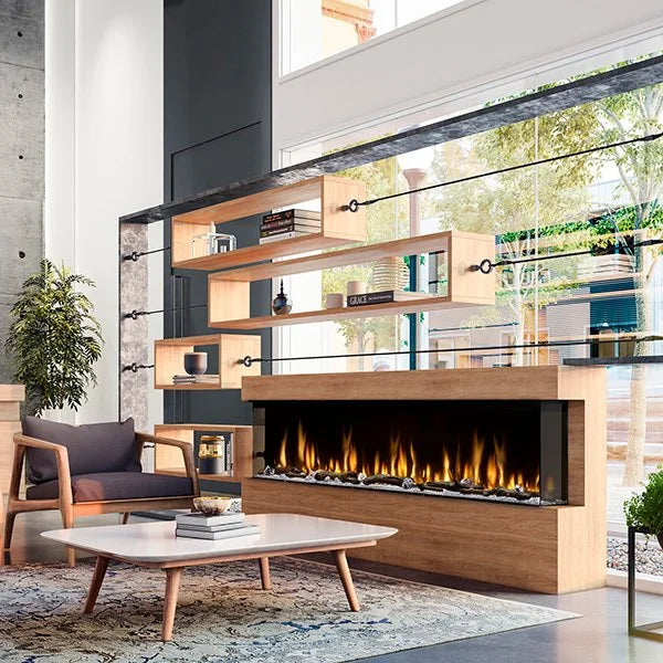 Dimplex IgniteXL Bold 88" Smart Linear Multi-Side View Built-In Electric Fireplace featuring flexible display options, patented mirror effect, advanced controls, multiple flame colors, and a stylish multi-media bed with acrylic crystals and driftwood accents.