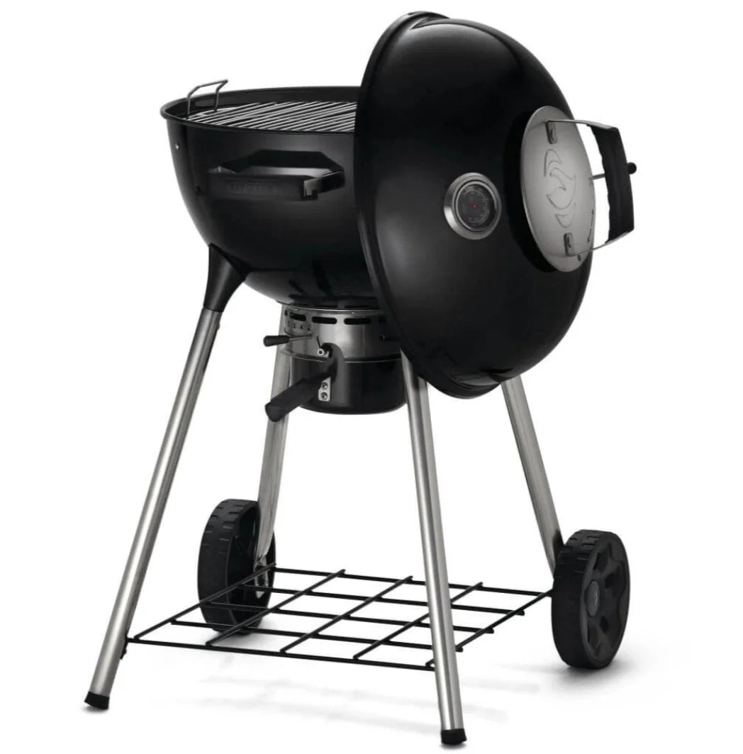 Napoleon Premium 18 Charcoal Kettle Grill features an 18-inch stainless steel cooking grid, Vortex heat management system, adjustable air vents, porcelain-enameled lid and bowl, integrated ACCU-PROBE temperature gauge, and sturdy four-legged frame with weather-proof wheels.