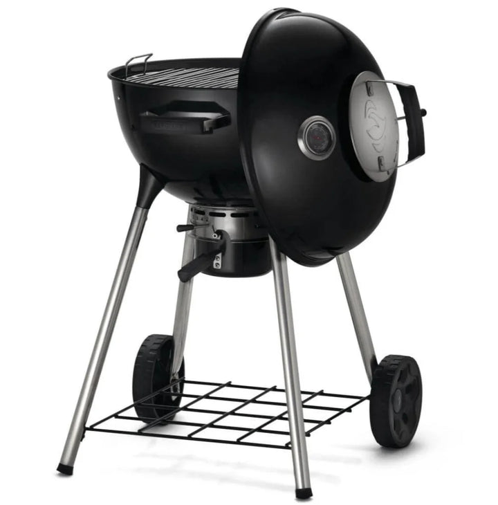Napoleon Premium 18 Charcoal Kettle Grill features an 18-inch stainless steel cooking grid, Vortex heat management system, adjustable air vents, porcelain-enameled lid and bowl, integrated ACCU-PROBE temperature gauge, and sturdy four-legged frame with weather-proof wheels.