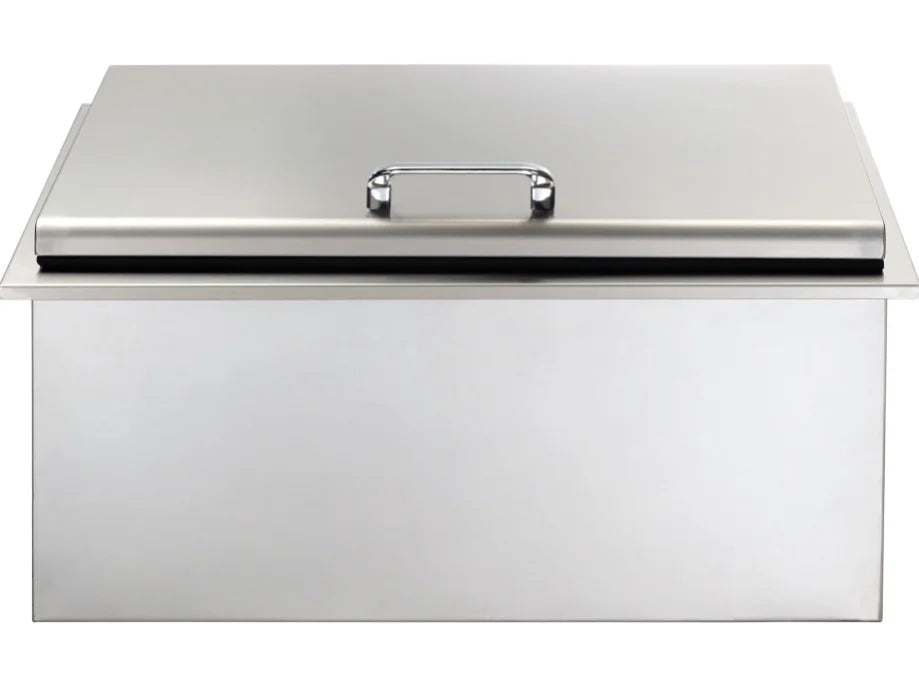 The Vintage Ice Chest Bartender (VCTIC) features an insulated stainless steel ice chest and integrated garnish station for effortless cocktail preparation in an outdoor kitchen setting.