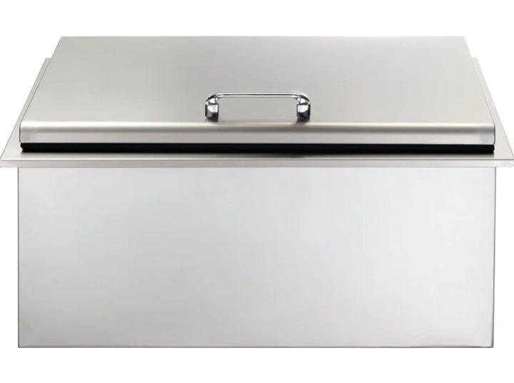 The Vintage Ice Chest Bartender (VCTIC) features an insulated stainless steel ice chest and integrated garnish station for effortless cocktail preparation in an outdoor kitchen setting.