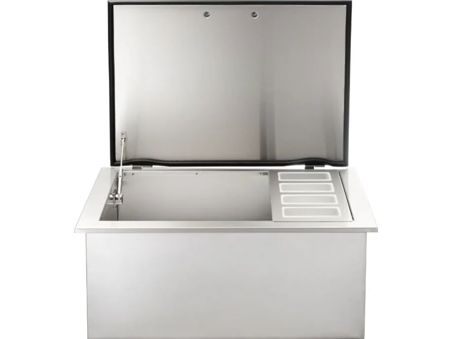 Vintage Grills Ice Chest Bartender in premium #304 stainless steel, featuring an insulated ice chest and integrated garnish station for effortless cocktail preparation.