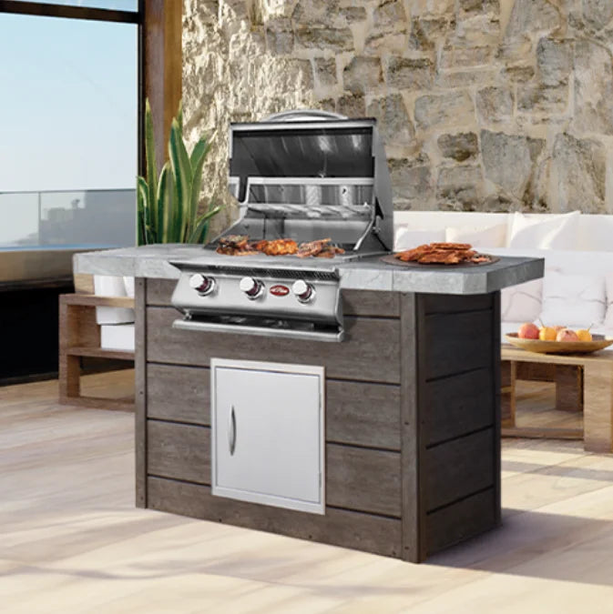 Cal Flame 'Kona' BBQ Island with 3-Burner G3 Liquid Propane Grill and porcelain tile countertop, offering space-efficient outdoor cooking upgrade for compact patios.