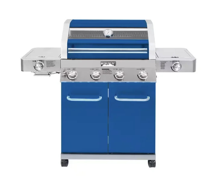 Monument Grills Blue 4-Burner Gas Grill - Classic Series featuring stainless steel burners, infrared side sear burner, and clear glass lid, delivering 72,000 BTUs of heat output across 723 sq. in. of cooking space.