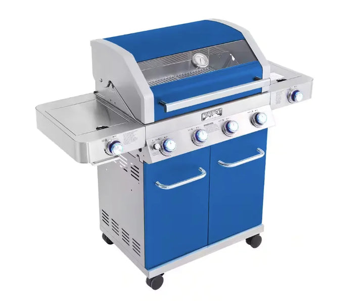Monument Grills Blue 4-Burner Gas Grill - Classic Series: A stunning BLUE 4-burner stainless steel propane gas grill with vibrant outdoor appeal, delivering 72,000 BTUs of total heat output across 723 sq. in. of cooking space.