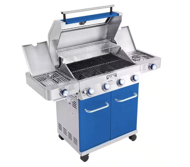 Monument Grills Blue 4-Burner Gas Grill - Classic Series: A vibrant blue stainless steel propane gas grill featuring four burners, an infrared side sear burner, and a ClearView glass lid for even heat distribution and professional results.