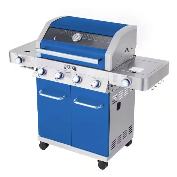 Monument Grills Blue 4-Burner Gas Grill - Classic Series: A sleek stainless steel propane grill with vibrant blue finish, featuring four burners, infrared side sear burner, and LED-backlit control knobs for even heat distribution and professional results.