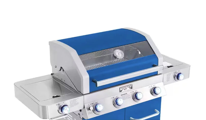 Monument Grills Blue 4-Burner Gas Grill - Classic Series: A vibrant blue, stainless steel propane grill featuring four burners, infrared side sear burner, and extra side burner with ClearView glass lid for precise cooking control and professional results.