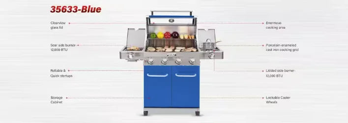 Monument Grills Blue 4-Burner Gas Grill - Classic Series: A vibrant blue propane gas grill with stainless steel burners, infrared side sear burner, and extra side burner, delivering 72,000 BTUs of heat output on 723 sq. in. of cooking space.