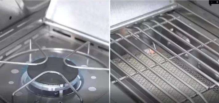 Monument Grills Classic Series Stainless Steel 4-Burner Gas Grill (35633) - A premium outdoor cooking station featuring four stainless steel burners, side sear station, and clear-view glass lid, delivering up to 72,000 BTUs of heat for fast preheating and even cooking results across 723 sq. in. of total cooking space.