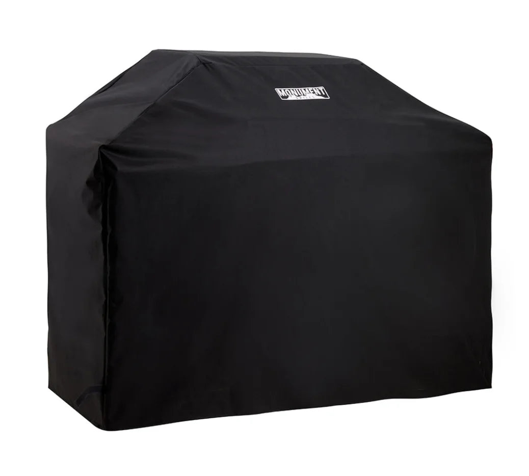 Monument Large 56-Inch Outdoor Grill Cover for Monument Grills M300, M400M, M305, M325, M415BZ, and M425 models, made from durable nylon and PVC blend to protect against rain, dust, UV rays, snow, and debris.