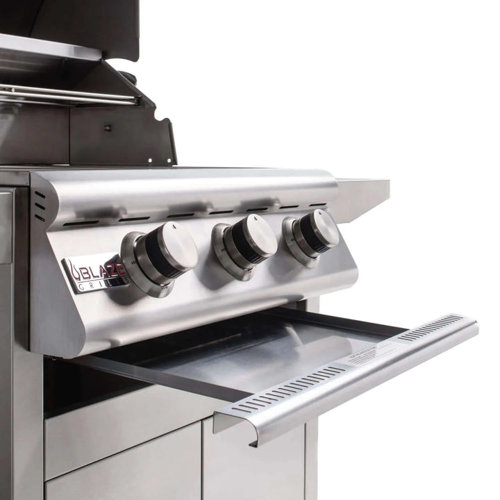 Blaze Freestanding Prelude LBM 32-Inch Gas Grill featuring four commercial-quality stainless steel tube burners and heavy-duty cooking rods, delivering 56,000 BTUs across 740 square inches of cooking space.