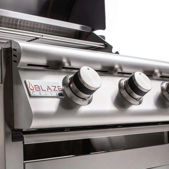 Blaze Freestanding Prelude LBM 32" Gas Grill features four commercial-grade 14,000 BTU burners delivering a total of 56,000 BTUs across 740 square inches of cooking space.